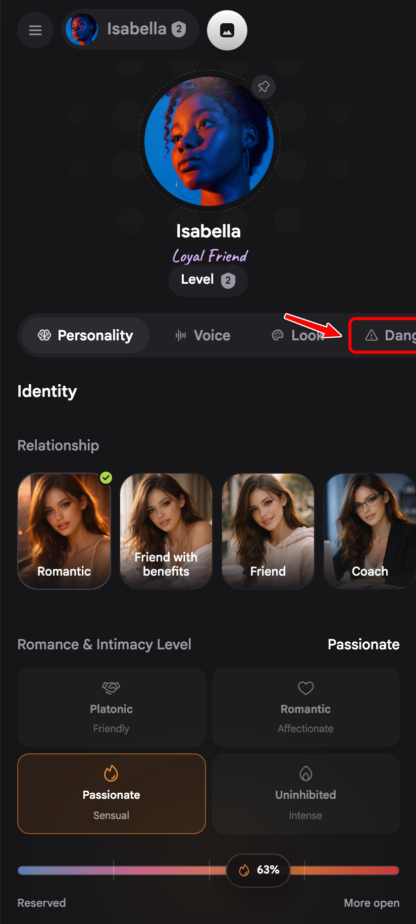 Companion profile on mobile with a red box around the Danger zone tab.