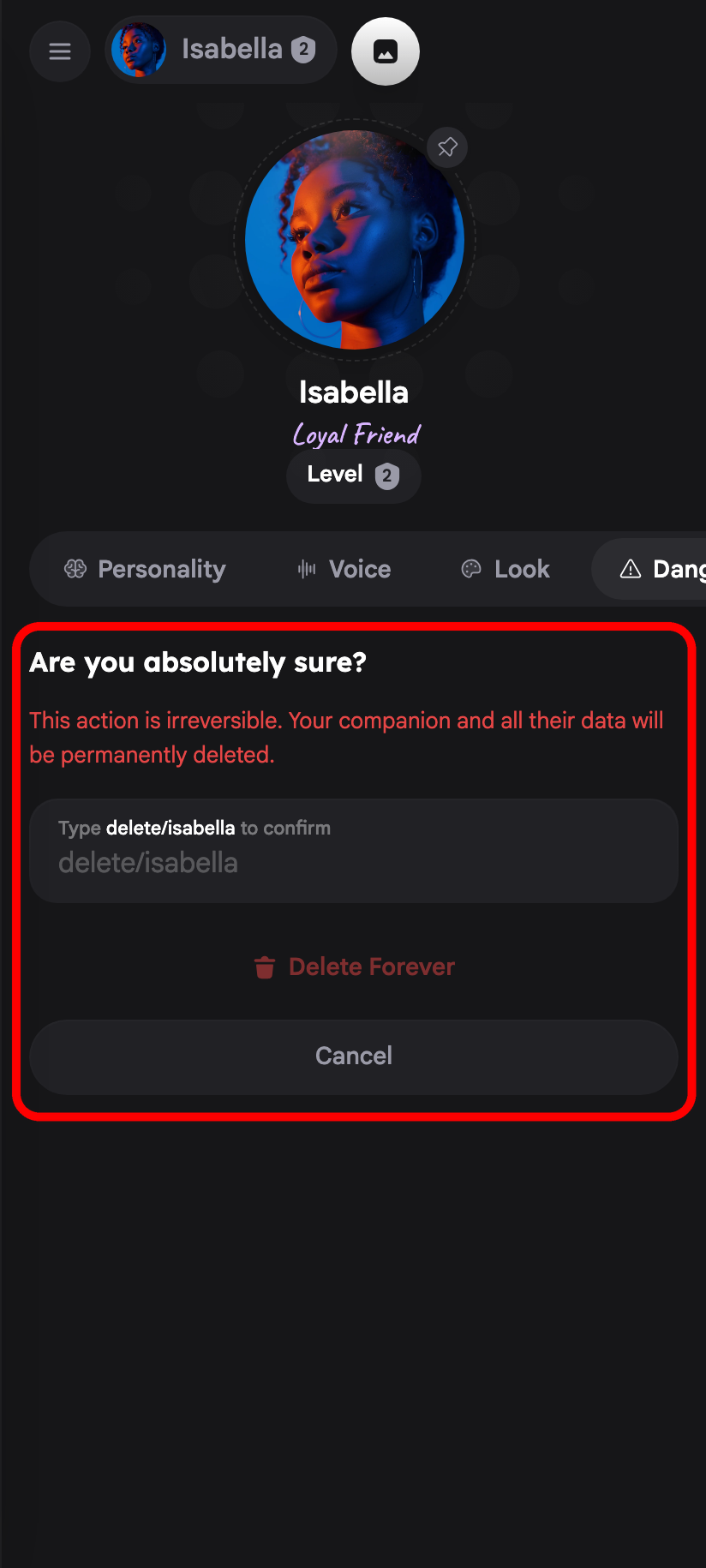 Confirmation step requiring the user to type the delete phrase before tapping Delete Forever.