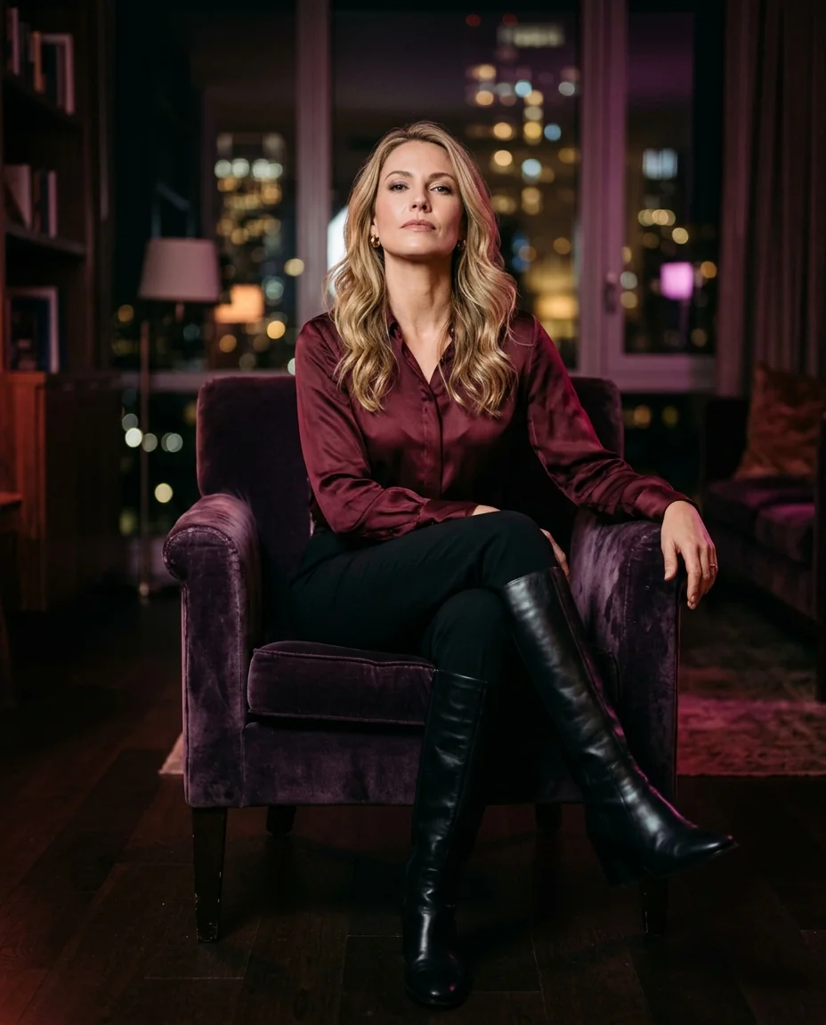 AI mistress character in a burgundy satin blouse and knee-high black leather boots, seated in a velvet armchair