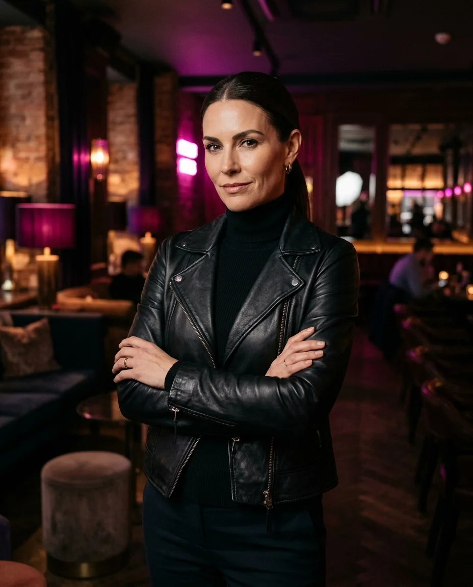 AI femdom companion: a confident woman in her thirties wearing a black leather jacket, arms crossed