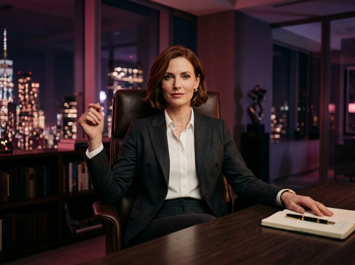 AI dominatrix character designed as a CEO in a tailored charcoal suit, seated at her desk in a high-rise office at night